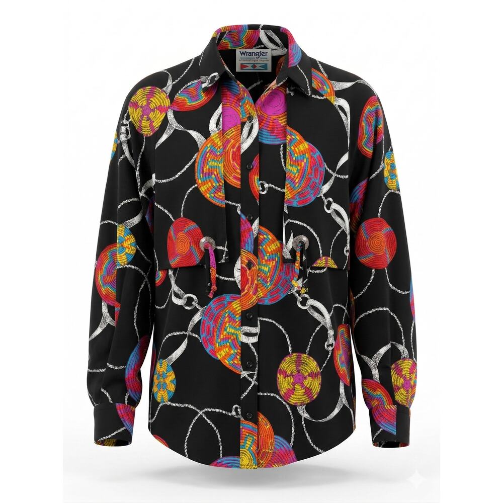 Vintage 80s Wrangler Womens M Western Cowboy Maximalist Artsy Button Up Shirt